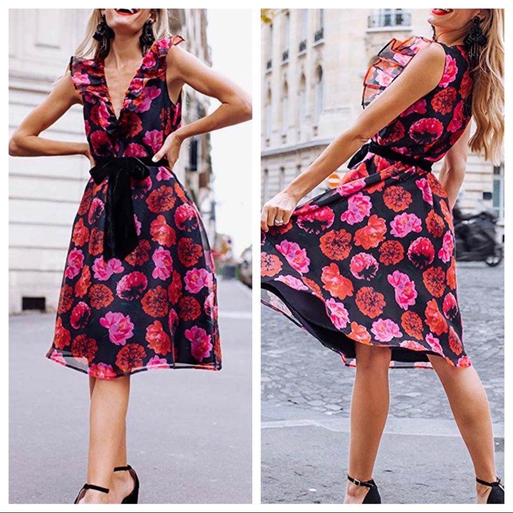 The Drop Floral Print Ruffle Deep V-Neck Dress